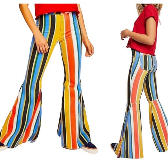 Free People Just Float On Flare Multicolor Stripe Boho Hippie Bellbottom Jeans - Picture 1 of 8